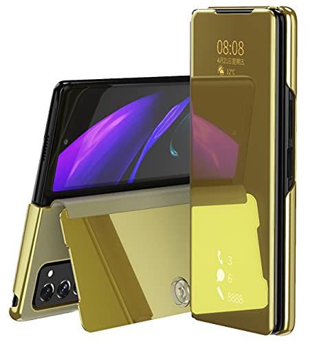 SZMLOGB MLOTECH Kompatibel Samsung Galaxy Z Fold 3 Hülle Handyhülle + Schutzfolie Flip Transluzent View Miroir Cover Anti-Schock Spiegel Standfunktion Schutzhülle Gold von SZMLOGB