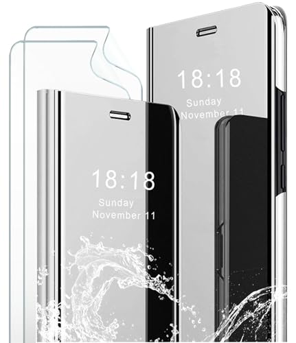 MLOTECH kompatibel für Samsung Galaxy S22 Ultra Hülle,Handyhülle + Schutzfolie[2 Stück] Flip Transluzent View Miroir Cover Anti-Schock Spiegel Standfunktion Schutzhülle Silber von SZMLOGB