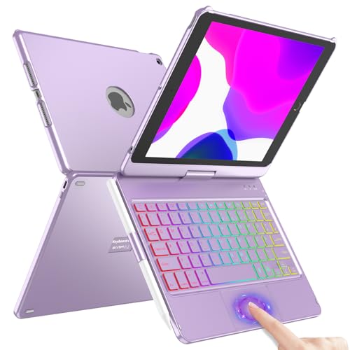 Tastatur Hülle 10.2 für iPad 9. Gen 2021 – 360° Touchpad Flip Hartschale Slim Cover kabellose Bluetooth-Tastaturhülle mit 7 Hintergrundbeleuchtungen, Auto Sleep/Wake für iPad 9/8/7.Gen(violett) von SZO