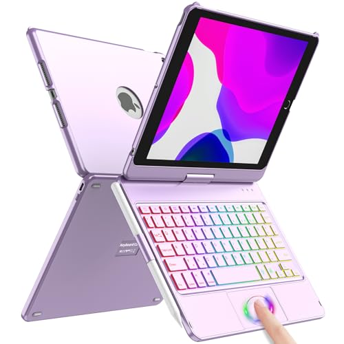 Tastatur Hülle 10.2 für iPad 9. Gen 2021 – 360° Touchpad Flip Hartschale Slim Cover kabellose Bluetooth-Tastaturhülle mit 7 Hintergrundbeleuchtungen, Auto Sleep/Wake für iPad 9/8/7.Gen(violett) von SZO