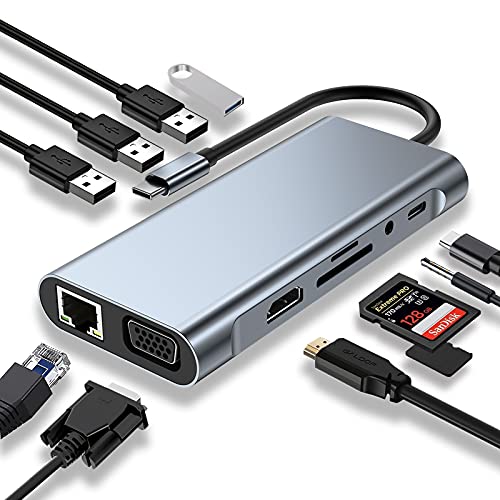 USB C HUB, Docking Station, 11-in-1 USB C Adapter mit 4K-HDMI, VGA, USB 3.0 Port, Type C PD, Ethernet RJ45 Port, SD/TF-Kartenles, 3.5mm AUX, Kompatibel für MacBook Pro/Air, More Type C Geräte von SZPACMATE