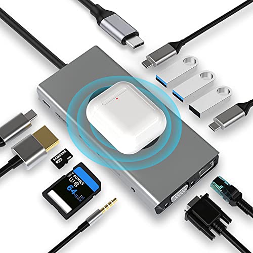 USB C HUB 13 in 1 mit kabellosem Laden, Docking Station Adapter mit 4K-HDMI, VGA, RJ45 Ethernet, 2×USB3.0, USB C 3.0&2.0, PD 100W, SD/TF & 3.5mm AUX, kompatibel mit MacBook Pro & anderen Laptops von SZPACMATE