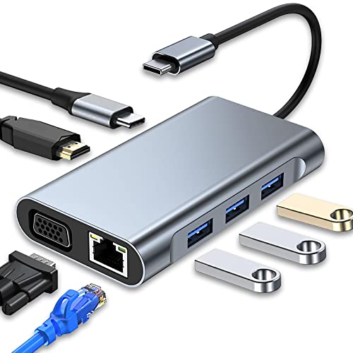 USB C Hub, Multiport USB C Adapter 7 in 1 mit 4K HDMI VGA USB 3.0 100W PD und RJ45 Ethernet, USB C Docking Station Kompatibel mit MacBook Pro & Air USB C Laptop und Anderen Typ C Geräten von SZPACMATE