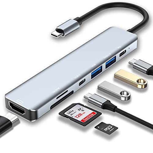 USB C Hub 7 in 1, USB C Adapter mit 4K HDMI, Zwei USB-C-Anschlüsse, USB 3.0, SD/TF Kartenleser, Kompatibel mit MacBook Pro & Air USB C Laptop und Andere Typ C Geräte, Unterstützt 100 W Schnellladung von SZPACMATE