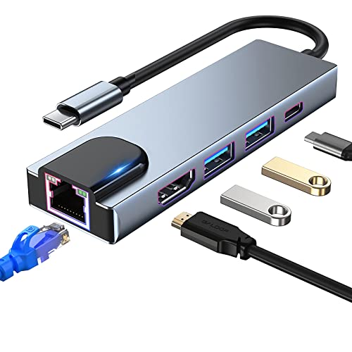 USB C Hub Multiport Adapter, 5 in 1 Docking Station mit 4K HDMI, RJ45 Ethernet, USB3.0, 100W PD, kompatibel mit MacBook Pro/Air, iPad Pro, iPad Mini 6, Surface Pro und mehr Typ C Geräten von SZPACMATE