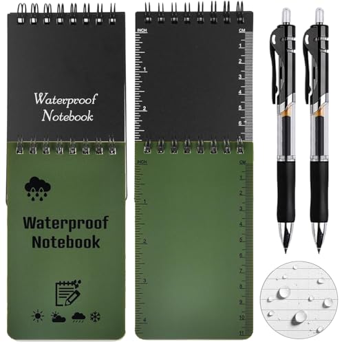 SZQIUNUBI 6 Stück Mini Wasserdichtes Notizblock Allwetter Notizblöcke Blätter Wasserdichtes Taschen Notizbuch Spiralbindung mit 2 Stift für Militärische Aktivitäten Im Freien (Schwarz, Grün) von SZQIUNUBI