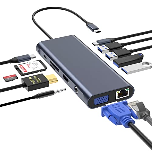 USB C Hub (12-in-1) mit 4K 60HZ HDMI, Ethernet, VGA, Audio, USB 3.0 TF/SD Dongle Dockingstation kompatibel mit MacBook iPad Pro Dell HP Lenovo von SZWISECHIP