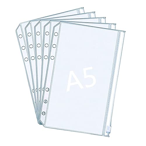 5 Stück A5 Kunststoff-Reißverschluss-Taschen, A5 Größe 6 Löcher, Kunststoff-Ordner, Reißverschluss, Ordner, wasserdicht, lose Blätter, Notebook, Dokumente, Foto, Rechnungen, Brieftasche, Organizer 5 Stück A5 Kunststoff-Reißverschluss-Taschen, A5 Größe 6 Löcher, Kunststoff-Ordner, Reißverschluss, Ordner, wasserdicht, lose Blätter, Notebook, Dokumente, Foto, Rechnungen, Brieftasche, Organizer von SZXMDKH