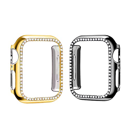 SaNgaiMEi 2er-Pack Bling Apple Watch Hülle 40 mm kompatibel für Apple Watch Serie 6/5/4/SE Displayschutzfolie Kristall Diamanten Glitzer Apple Watch Cover, Gold/Schwarz, 38 mm von SaNgaiMEi