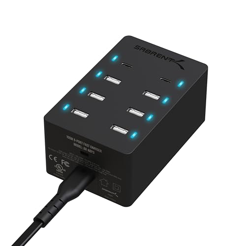 SABRENT USB Ladegerät, 100W Netzteil USB-Schnellladegerät Ladestation Mehrfach, mit 8 Ports (6 USB typ A + 2 USB Port typ C) Ladestation für MacBook, USB-C Laptop, iPhone, Samsung Galaxy (AX-ADPD) von Sabrent