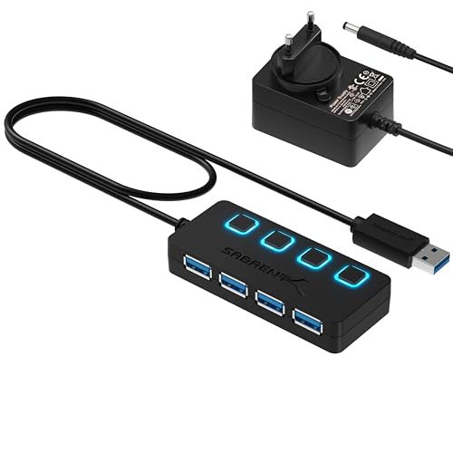 SABRENT USB hub aktive 3.2x1 mit netzteil, USB Adapter, 4 Port mehrfach verlängerung, USB Verteiler, Powered USB-hub, mit EIN/AUS schaltern für PS5, PC, USB Stick, MacBook (HB-UMP3) von Sabrent