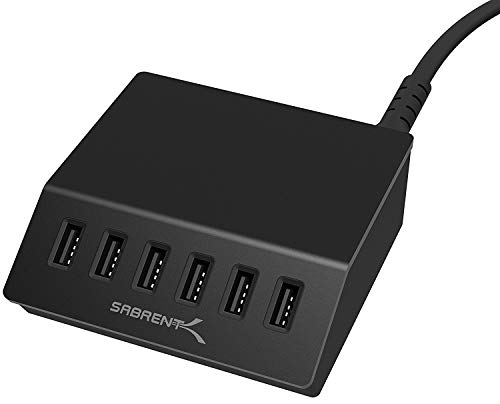Sabrent Premium 60 Watt (12 Ampere) 6-Port Aluminium-Desktop-USB-Schnellladegerät in Familiengröße. Intelligentes USB-Ladegerät mit Auto-Detect-Technologie [Schwarz] (AX-FLCH-B) von SABRENT
