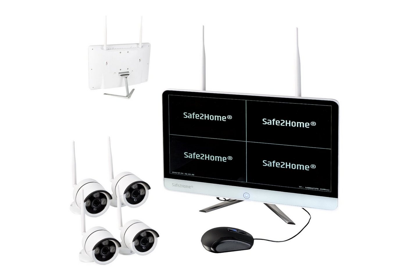 Safe2Home Kamera Set Monitor inkl. Rekorder - kabellos - 8 Kanal Videokamera (HD, WLAN (Wi-Fi), Bewegungserkennung, Live Zugriff via APP) von Safe2Home