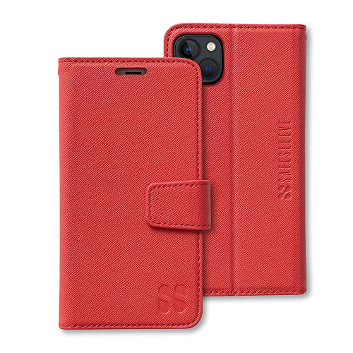 SafeSleeve EMF Schutz Anti Strahlung iPhone 14 Plus Hülle, RFID EMF Blockierung, Kartenhalter Brieftasche, veganes Leder, verstellbarer Ständer Handyhülle für Damen & Herren (Rot) von SafeSleeve