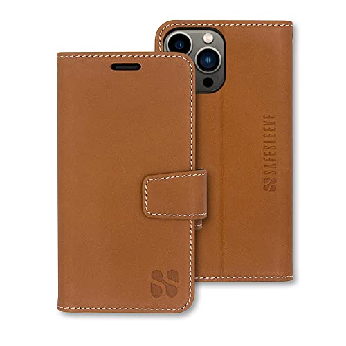 SafeSleeve EMF Schutz Anti-Strahlung iPhone 14 Pro MAX Hülle, RFID EMF Blockierung, Kartenhalter Brieftasche, echtes Leder, verstellbarer Ständer Handyhülle für Damen und Herren (Leder) von SafeSleeve