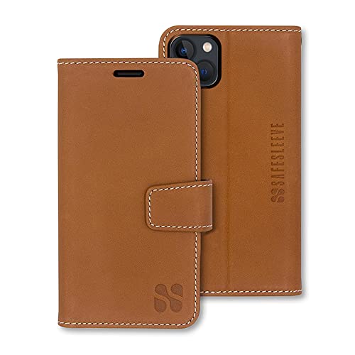 SafeSleeve EMF Schutz Anti Strahlung iPhone 15 Plus Hülle, RFID EMF Blockierung, Kartenhalter Brieftasche, Echtes Leder, Verstellbarer Ständer Handyhülle für Damen & Herren (Leder) von SafeSleeve