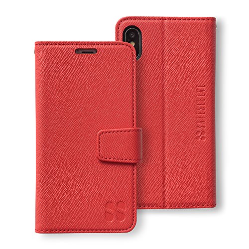 SafeSleeve EMF Schutz Anti-Strahlung iPhone Hülle: iPhone X und iPhone Xs RFID Kartenhalter Blockierende Brieftasche, verstellbarer Ständer Handyhülle, veganes Leder für Damen & Herren (Rot) von SafeSleeve