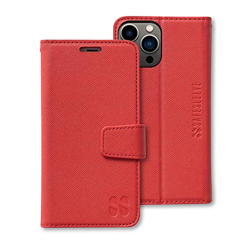 SafeSleeve EMF Schutz iPhone 14 Pro Hülle: RFID-blockierende Kartenhalter Brieftasche, verstellbarer Ständer, veganes Leder für Damen & Herren (Rot) von SafeSleeve