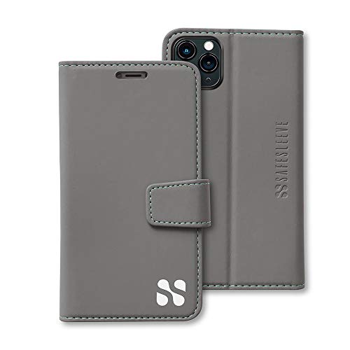 SafeSleeve EMF Schutz iPhone Hülle: iPhone 11 Pro RFID Blocking Card Holder Wallet, Verstellbarer Ständer Case, Veganes Leder für Damen & Herren (Grau) von SafeSleeve