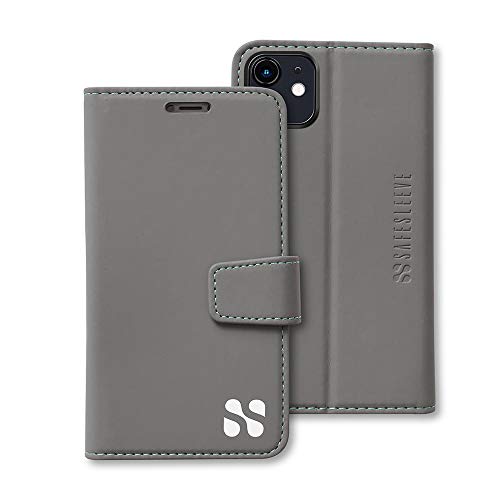 SafeSleeve EMF Schutz iPhone Hülle: iPhone 11 RFID Blocking Card Holder Wallet, Verstellbarer Ständer Case, Veganes Leder für Damen & Herren (Grau) von SafeSleeve