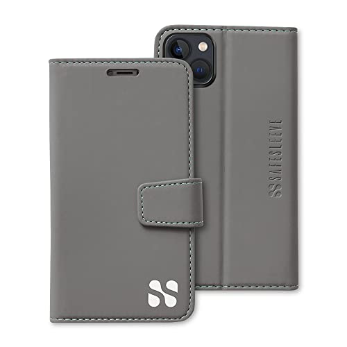SafeSleeve EMF Schutz iPhone Hülle: iPhone 13 Mini RFID Blocking Card Holder Wallet, Verstellbarer Ständer Case, Veganes Leder für Damen & Herren (Grau) von SafeSleeve