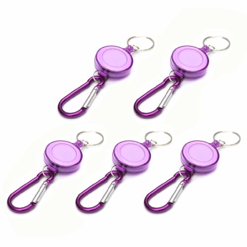 5 Stück einziehbare Schlüsselanhänger, ausziehbarer Ausweishalter mit Gürtelclip, robuster Karabiner-Schlüsselanhänger für Zuhause, Autoschlüssel, Ausweise (lila) von SagaSave