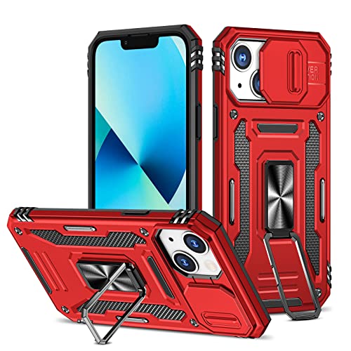 Saiboro 2022 iPhone 13 Case mit Kickstand und Kamera-Abdeckungsschieber, Eingebauter 180° + 360° Drehbarer Ringständer, Stoßfest Stoßfeste Handyhülle in Militärqualität, iPhone 13 Hülle (Rot) von Saiboro