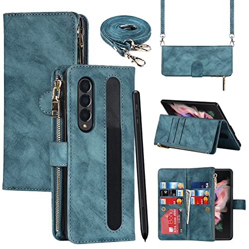 SailorTech Brieftasche Hülle für Samsung Galaxy Z Fold 3, Premium Leder Klappbare Reißverschluss Handyhülle mit Umhängeband Kartenfächer Standfunktion Schutzhülle Verstellbarer Umhängeriemen Blau von SailorTech