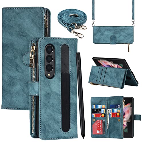 SailorTech Brieftasche Hülle für Samsung Galaxy Z Fold 4, Premium Leder Klappbare Reißverschluss Handyhülle mit Umhängeband Kartenfächer Standfunktion Schutzhülle Verstellbarer Umhängeriemen Blau von SailorTech