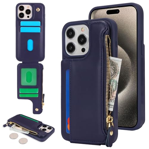 SailorTech Etui mit Kartenfach für iPhone 15 Pro Max, iPhone 15 Pro Max Hülle mit Kartenhalter, iPhone 15 Pro Max Handyhülle mit Reißverschluss Geldbörse - Blau von SailorTech