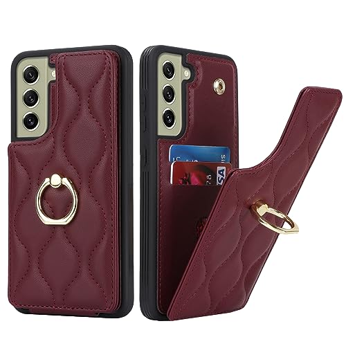 SailorTech Samsung Galaxy S21 FE Hülle mit Kartenhalter für Frauen, Galaxy S21 FE Handyhülle Ring-Ständer [Kartenfach] [Standfunktion] Modische Tasche für Samsung Galaxy S21 FE-Burgunderrot von SailorTech