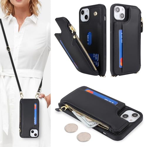 SailorTech Schutzhülle für iPhone 13 mit Kreditkartenfach für Damen, iPhone 13, Lederhülle, Geldbörse, Crossbody, mit Kreditkartenfächern, Reißverschluss, stoßfeste Schutzhülle für Herren, Schwarz von SailorTech