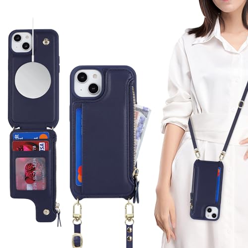 SailorTech Schutzhülle für iPhone 15, mit Kreditkartenfach, Handyband, sicher für Damen, passend für iPhone 15, Leder, mit Reißverschluss, Brieftaschen-Hülle, Blau von SailorTech