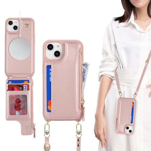 SailorTech Schutzhülle für iPhone 15, mit Kreditkartenfach, Umhängeband, für Damen, iPhone 15, Leder, mit Reißverschluss, Brieftasche, Rosa von SailorTech