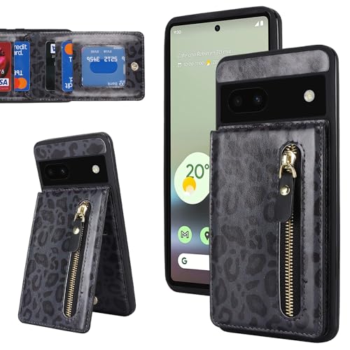 SailorTech für Google Pixel 6a Hülle mit Kartenhalter für Damen, Pixel 6a Handyhülle mit Riemen Kreditkartenfächern Ständer Reißverschluss stoßfeste Schutzhülle für Pixel 6a – Schwarzer Leopard von SailorTech