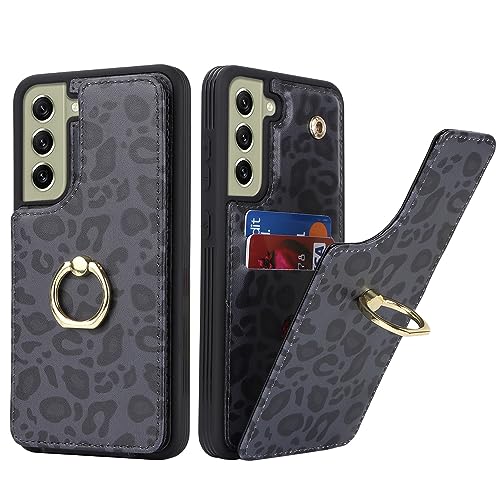 SailorTech für Samsung Galaxy S21 FE Handyhülle mit Kreditkartenhalter für Frauen, Samsung S21 FE Hülle Ring-Ständer Kartenschlitze Standfunktion Modische Tasche für Männer - Schwarzer Leopard von SailorTech