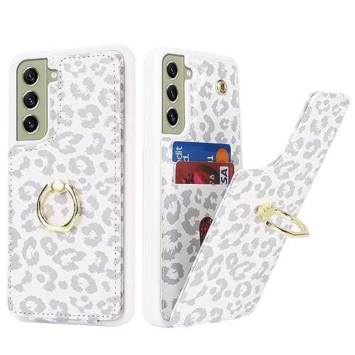SailorTech für Samsung Galaxy S21 FE Handyhülle mit Kreditkartenhalter für Frauen, Samsung S21 FE Hülle Ring-Ständer Kartenschlitze Standfunktion Modische Tasche für Männer - Weißer Leopard von SailorTech