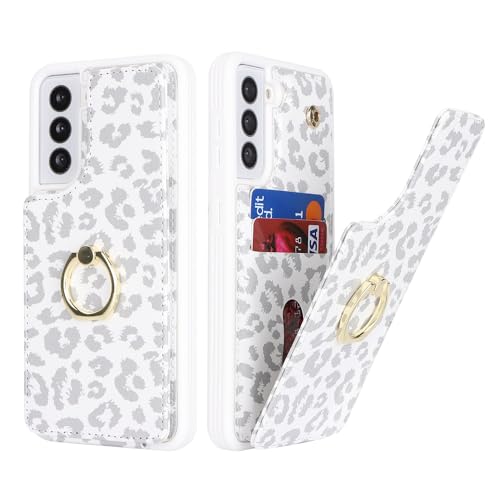 SailorTech für Samsung Galaxy S21 Handyhülle mit Kreditkartenhalter für Frauen, Samsung S21 Hülle Ring-Ständer Kartenschlitze Standfunktion Modische Tasche für Männer - Weißer Leopard von SailorTech