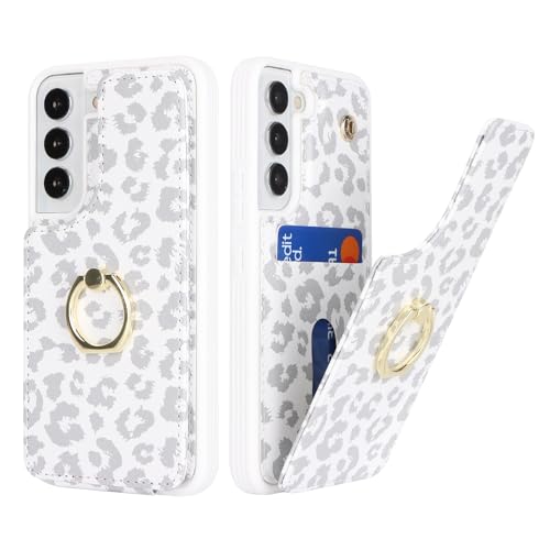 SailorTech für Samsung Galaxy S22 Handyhülle mit Kreditkartenhalter für Frauen, Samsung S22 Hülle Ring-Ständer Kartenschlitze Standfunktion Modische Tasche für Männer - Weißer Leopard von SailorTech