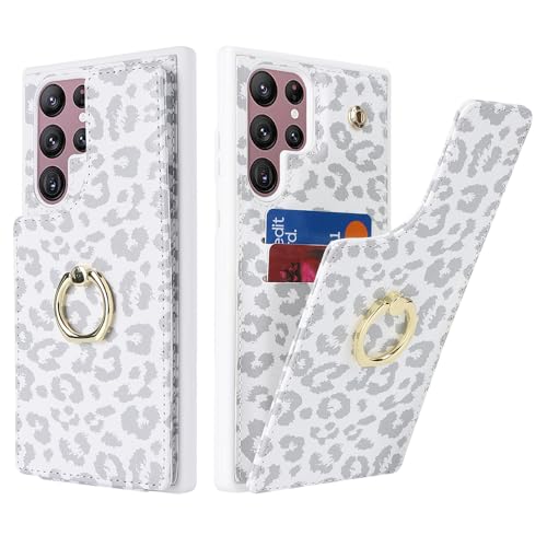 SailorTech für Samsung Galaxy S22 Ultra Handyhülle mit Kreditkartenhalter für Frauen, Samsung S22 Ultra Hülle Ring-Ständer Kartenschlitze Standfunktion Modische Tasche für Männer - Weißer Leopard von SailorTech
