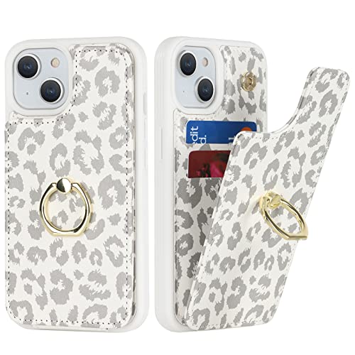 SailorTech für iPhone 13 Handyhülle mit Kreditkartenhalter für Frauen, iPhone 13 Hülle Ring-Ständer Kartenschlitze Standfunktion Modische Tasche für Männer - Weißer Leopard von SailorTech