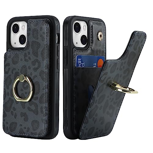 SailorTech für iPhone 13 Mini Handyhülle mit Kreditkartenhalter für Frauen, iPhone 13 Mini Hülle Ring-Ständer Kartenschlitze Standfunktion Modische Tasche für Männer - Schwarzer Leopard von SailorTech