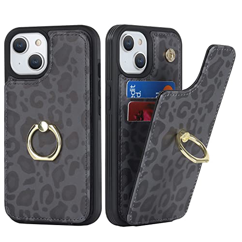 SailorTech für iPhone 15 Handyhülle mit Kreditkartenhalter für Frauen, iPhone 15 Hülle Ring-Ständer Kartenschlitze Standfunktion Modische Tasche für Männer - Schwarzer Leopard von SailorTech