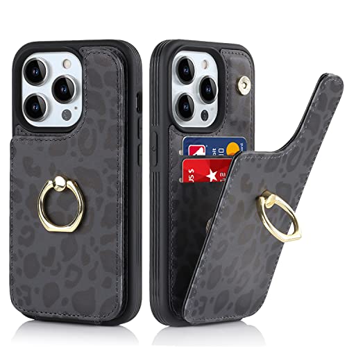 SailorTech für iPhone 15 Pro Handyhülle mit Kreditkartenhalter für Frauen, iPhone 15 Pro Hülle Ring-Ständer Kartenschlitze Standfunktion Modische Tasche für Männer - Schwarzer Leopard von SailorTech