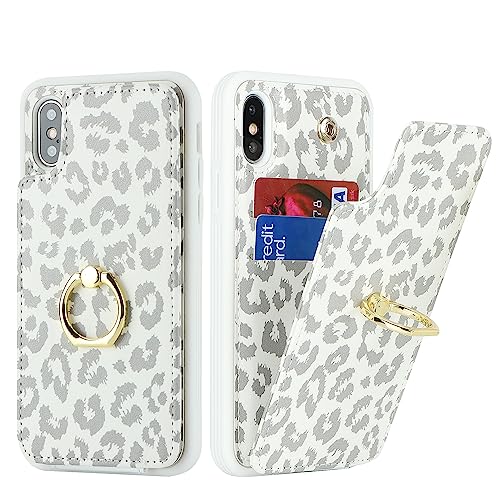 SailorTech für iPhone X/XS Handyhülle mit Kreditkartenhalter für Frauen, iPhone X/XS Hülle Ring-Ständer Kartenschlitze Standfunktion Modische Tasche für Männer - Weißer Leopard von SailorTech