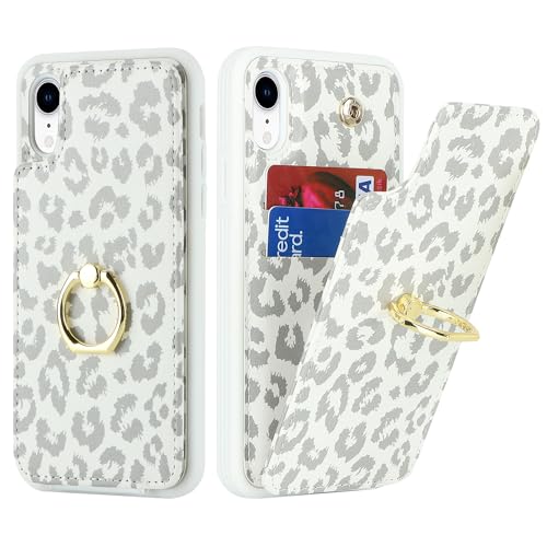SailorTech für iPhone XR Handyhülle mit Kreditkartenhalter für Frauen, iPhone XR Hülle Ring-Ständer Kartenschlitze Standfunktion Modische Tasche für Männer - Weißer Leopard von SailorTech