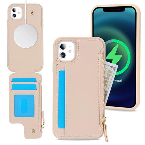 SailorTech iPhone 11 Etui mit Kartenhalter mag Safe, iPhone 11 Hülle mit Reißverschluss Kartenfach Geldbörse für iPhone 11 Handyhülle Lederhülle - Beige von SailorTech