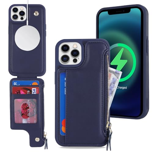 SailorTech iPhone 12/12 Pro Etui mit Kartenhalter mag Safe, iPhone 12/12 Pro Hülle mit Reißverschluss Kartenfach Geldbörse für iPhone 12/12 Pro Handyhülle Lederhülle - Blau von SailorTech