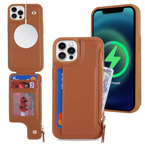 SailorTech iPhone 12/12 Pro Etui mit Kartenhalter mag Safe, iPhone 12/12 Pro Hülle mit Reißverschluss Kartenfach Geldbörse für iPhone 12/12 Pro Handyhülle Lederhülle - Braun von SailorTech