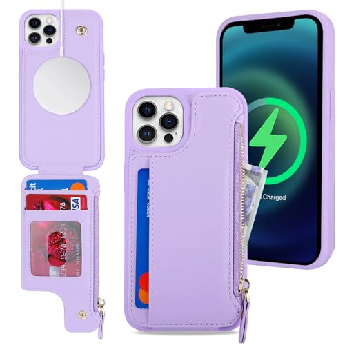 SailorTech iPhone 12/12 Pro Etui mit Kartenhalter mag Safe, iPhone 12/12 Pro Hülle mit Reißverschluss Kartenfach Geldbörse für iPhone 12/12 Pro Handyhülle Lederhülle - Violett von SailorTech